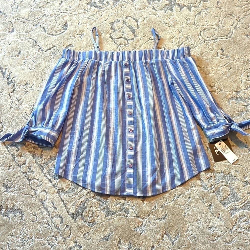 by&by, Off-the-Shoulder Denim Top, Tie Cuffs, NWT, Size Small